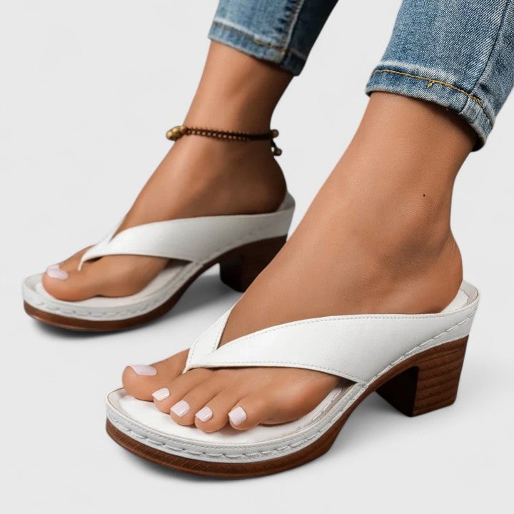 Remy women's thong sandal in white with chunky block heel and platform sole, front view