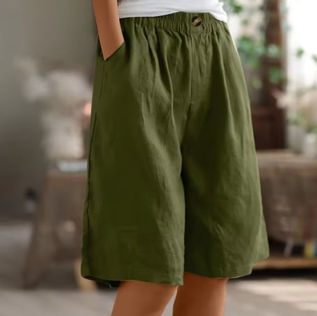 Front view of Renee Comfort Shorts in army green with elastic waistband and mid-thigh length