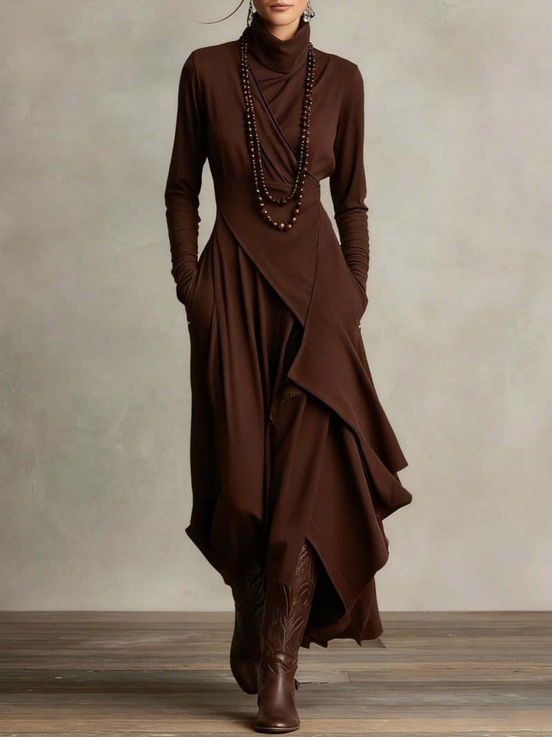 Close-up of the soft draping fabric on the Rhea elegant maxi dress in green