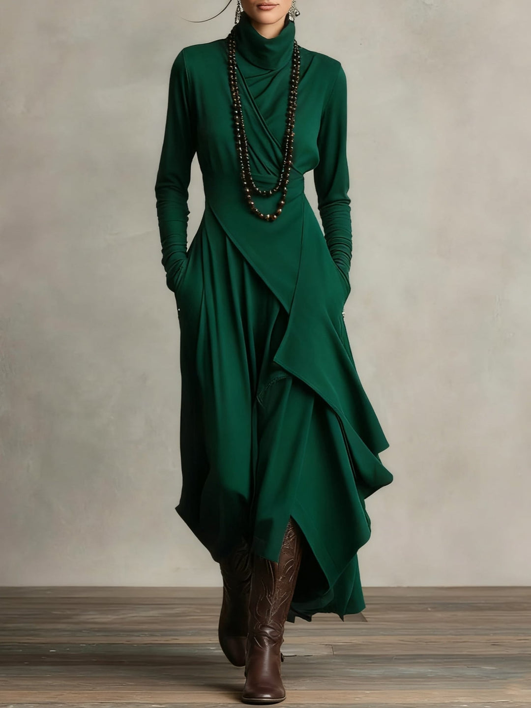 Model wearing the Rhea elegant maxi dress in purple with graceful flowing skirt