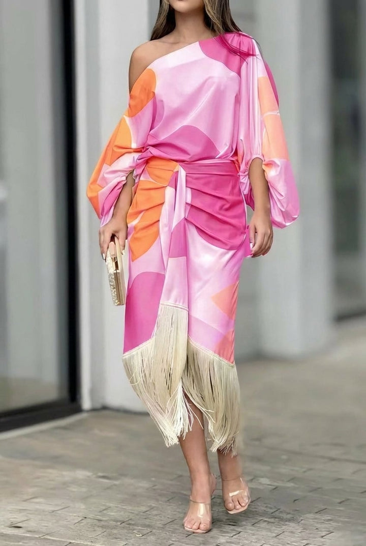 Full-length shot of the Rhiannon fringe midi set styled with heeled sandals for a special occasion look