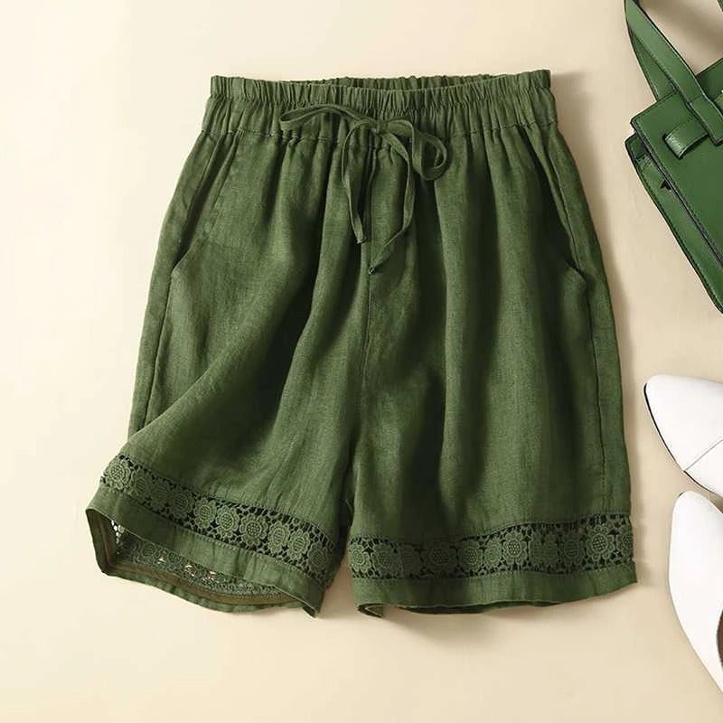 Side view of woman wearing relaxed floral shorts, highlighting the comfortable fit through the hips and thighs