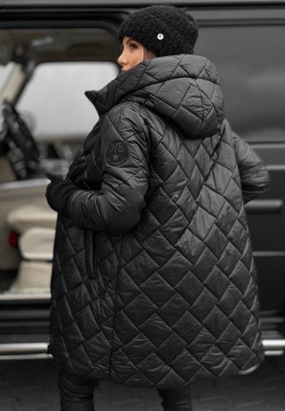Riley quilted coat in beige laid flat to show full length and quilted pattern