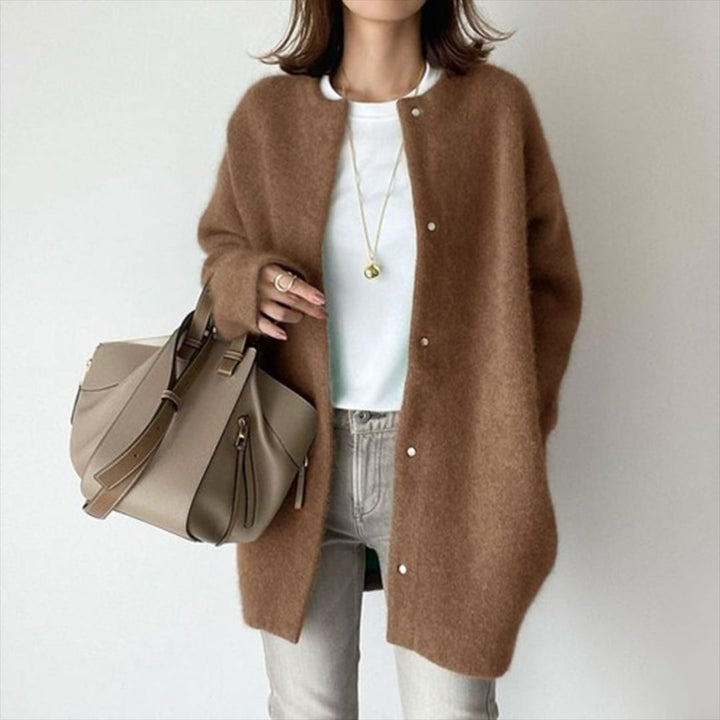 Riley cardigan in brown with soft breathable fabric and polished layered design