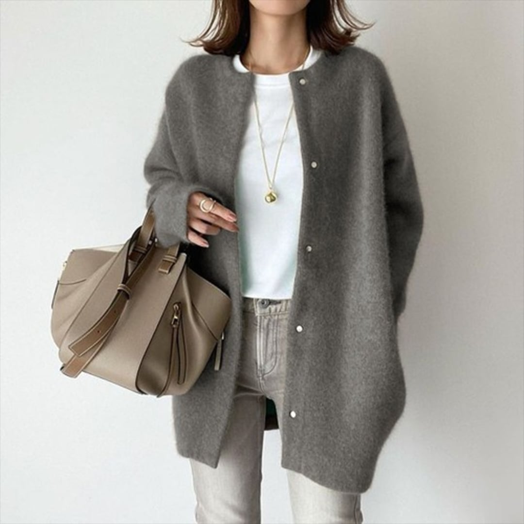 Riley layered cardigan in dark gray styled for a smart, sophisticated everyday look