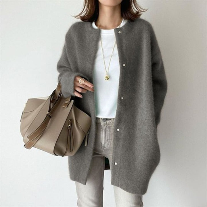 Riley layered cardigan in dark gray styled for a smart, sophisticated everyday look