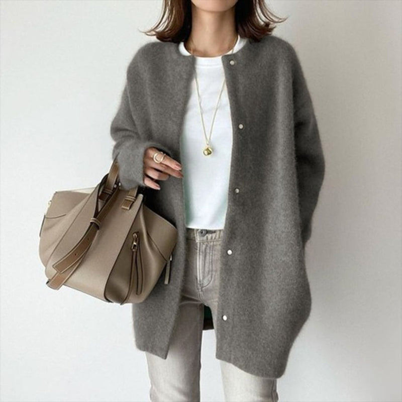 Riley layered cardigan in dark gray styled for a smart, sophisticated everyday look