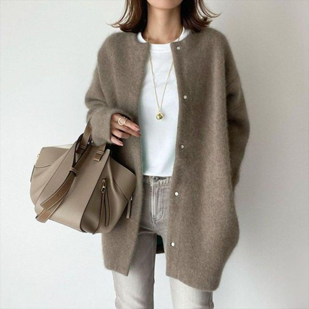 Riley cardigan in light gray featuring a flattering drape and refined feminine finish