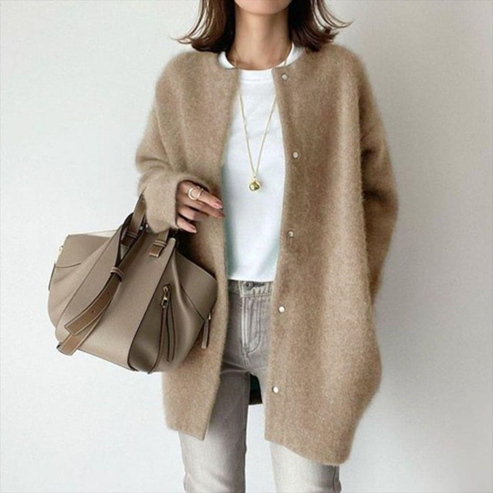 Riley refined layered cardigan displayed to highlight soft fabric texture and layered construction