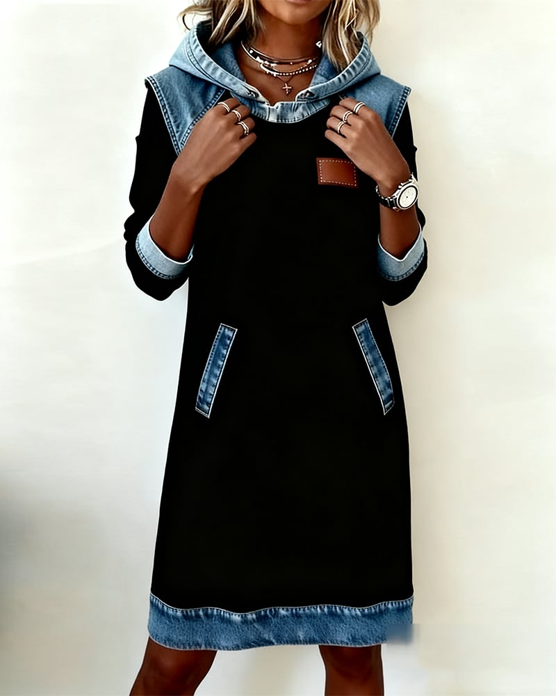 Rina denim dress in black styled with heels for a dressed-up evening look