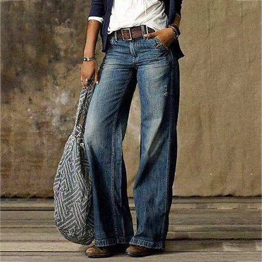 Close-up of River wide leg jeans showing high-rise waistband and classic 5-pocket design