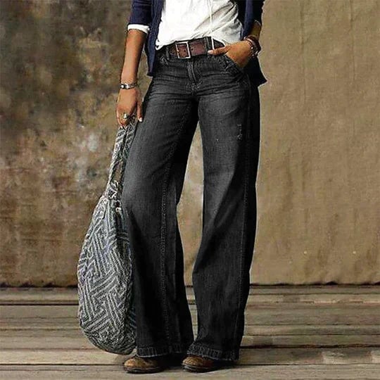 River wide leg jeans in black colorway, full-length front view on model