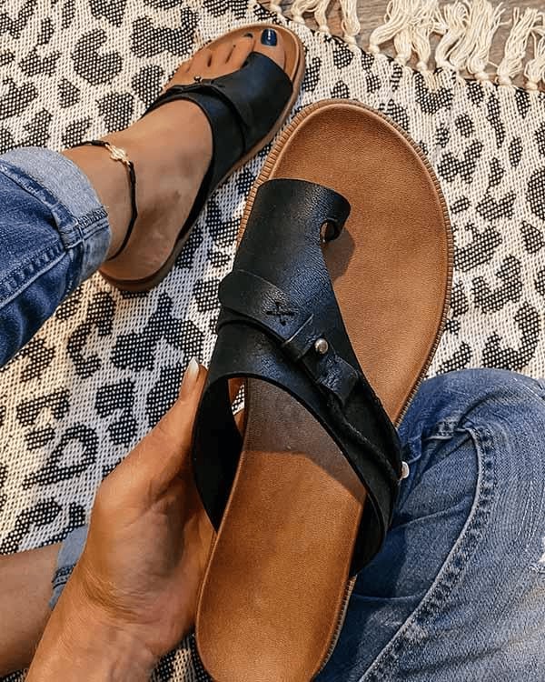 Roma boho toe ring flat sandals with distressed crossover strap and stud hardware detail, shown in khaki
