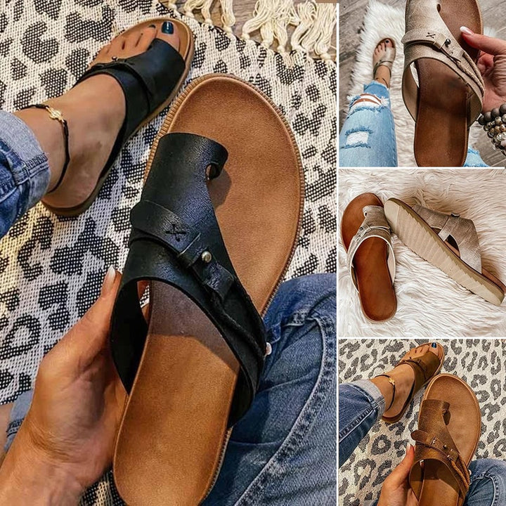 Roma slip-on toe ring sandals in khaki, top-down view showing toe loop and strap detail