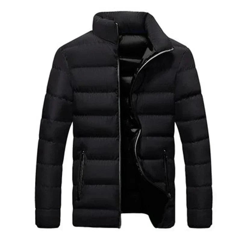 Front view of the elegant thermal jacket in Black with a clean tailored silhouette and zippered pockets