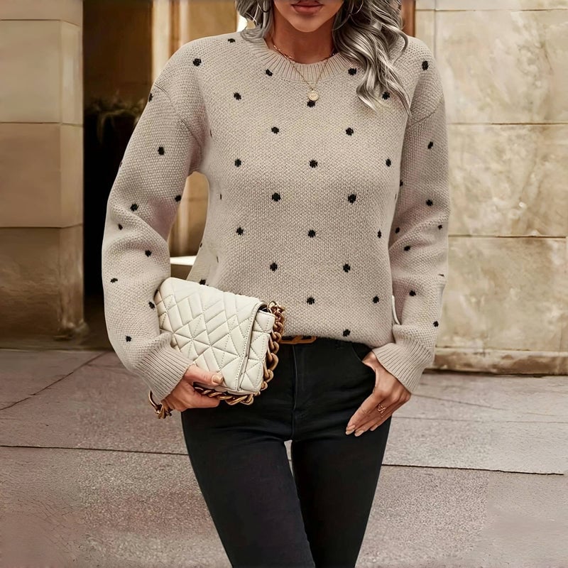 Side view of the Cozy Dot Sweater demonstrating its drape and comfortable fit