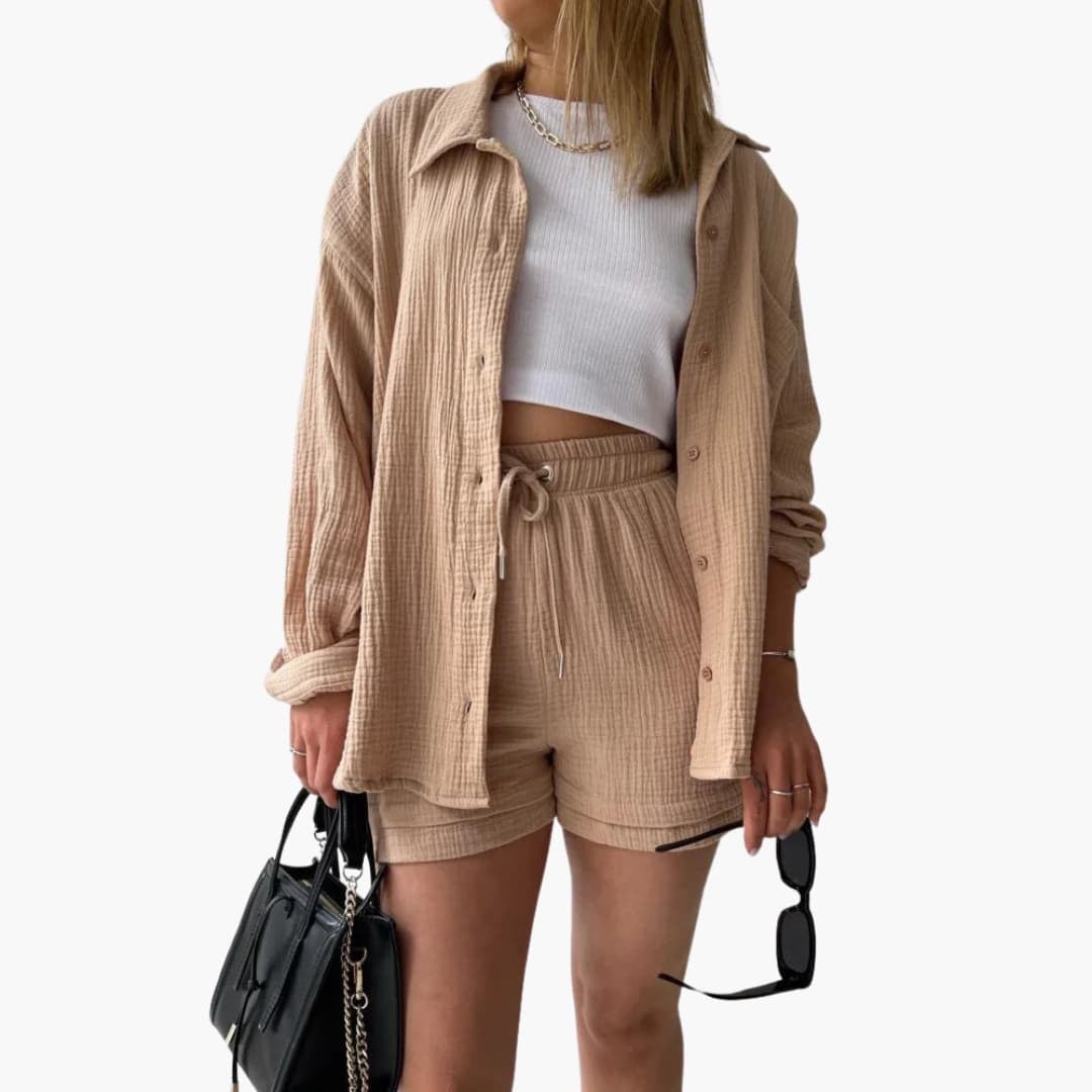 Model wearing the Rosa two-piece set in a relaxed casual style, showcasing the lightweight breathable fabric and vibrant color