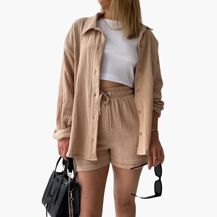 Model wearing the Rosa two-piece set in a relaxed casual style, showcasing the lightweight breathable fabric and vibrant color