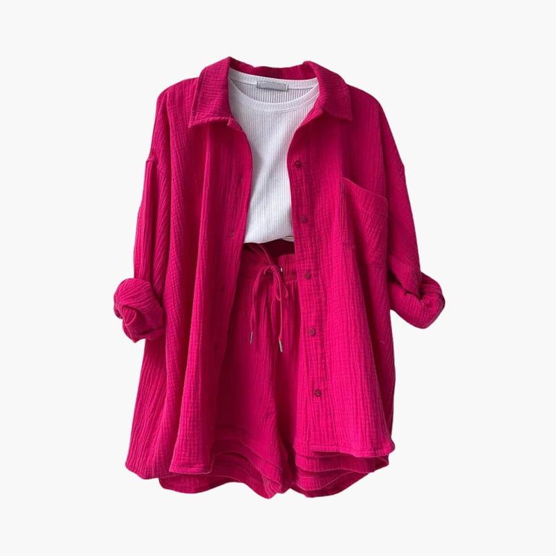 Front view of the Rosa chic casual two-piece set styled with sandals for a summer daytime look