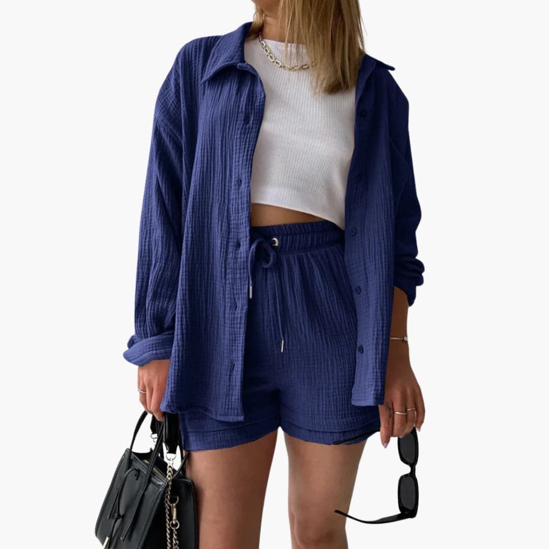 Close-up of the waistband detail on the Rosa casual two-piece set for a refined everyday look