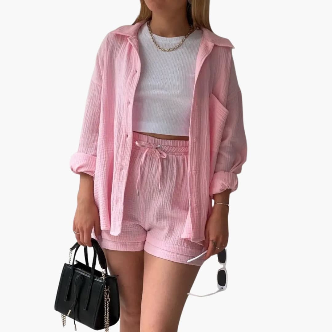 Rosa two-piece set in beige displayed to highlight the neutral tone and versatile styling potential