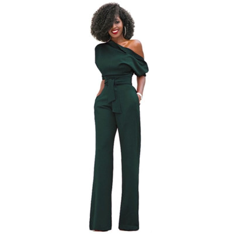 Front view of the Rosa belted jumpsuit showing the asymmetric off-shoulder neckline and self-tie waist belt