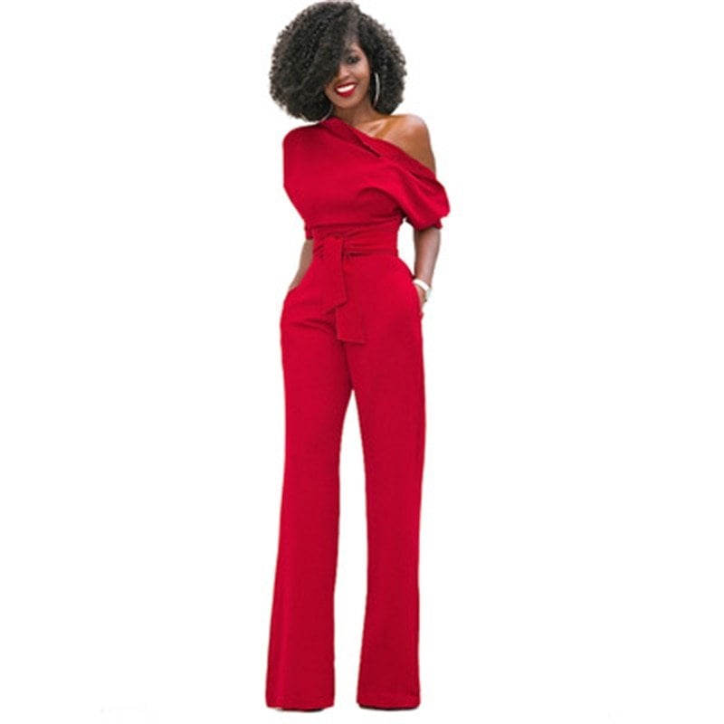 Close-up of the gathered puff sleeve detail and off-shoulder neckline on the Rosa formal jumpsuit