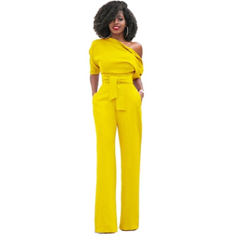 Back view of the Rosa off-shoulder jumpsuit showing the clean drape and wide-leg cut