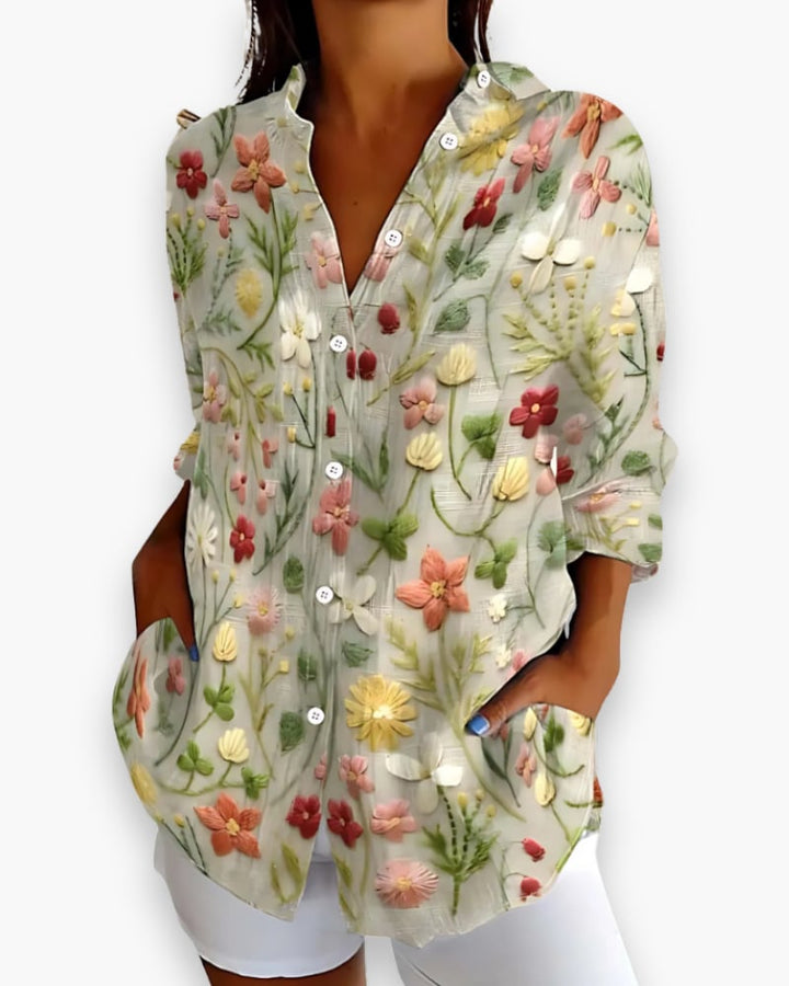 Rosalie floral button-down blouse with 3/4 sleeves in pink wildflower print, front view