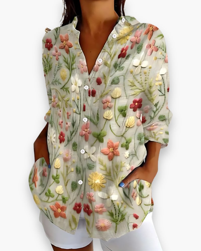 Rosalie floral button-down blouse with 3/4 sleeves in pink wildflower print, front view