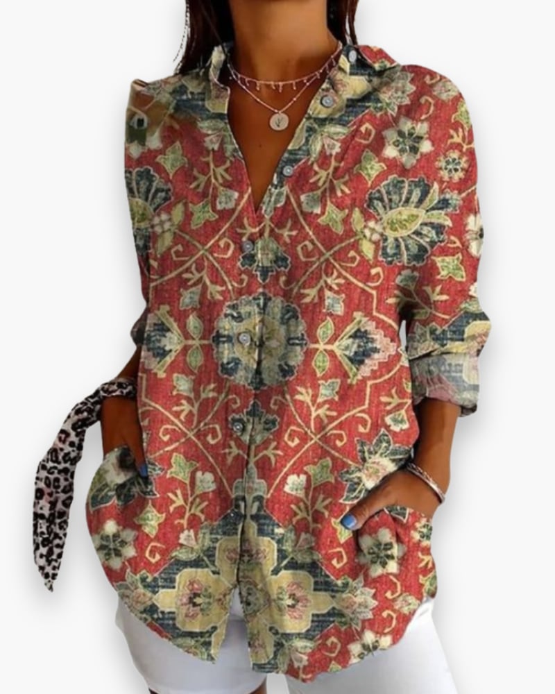Rosalie floral blouse in Morocco print, 3/4 sleeve detail close-up