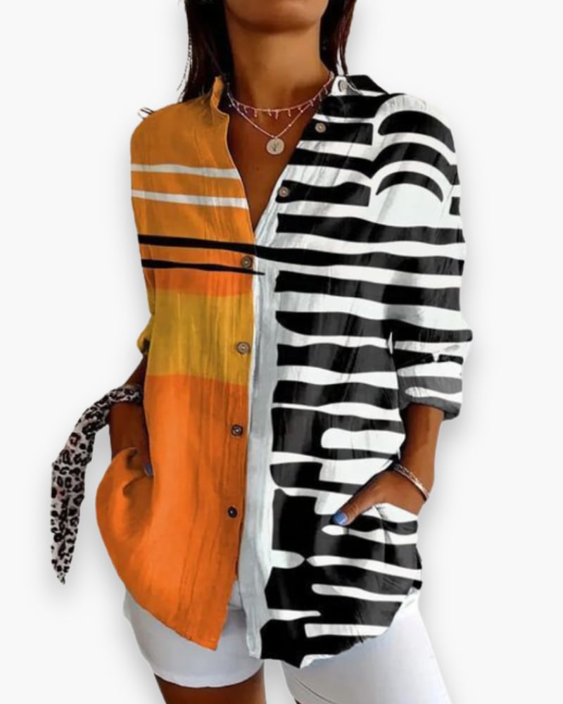 Rosalie floral button-down blouse in zebra print, front and side angle view