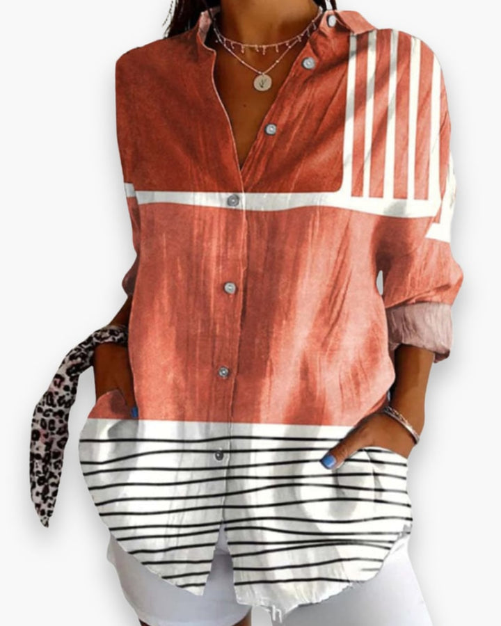 Rosalie floral blouse in rust-red print, button-down front detail