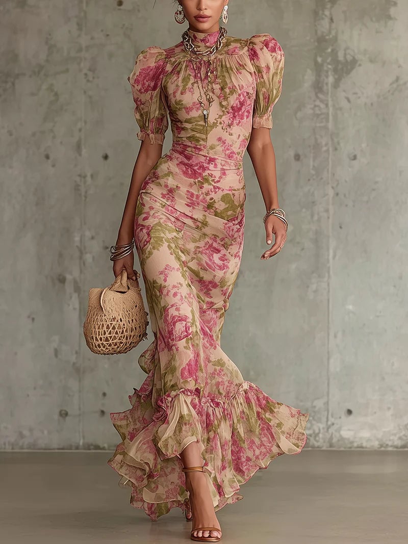 Woman wearing the Rosalina Vintage Rose Maxi Dress with delicate rose print and puff sleeves in a flowing maxi silhouette