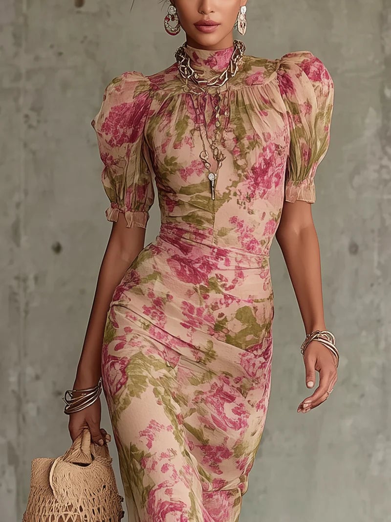 Front view of the Rosalina Vintage Rose Maxi Dress showing the romantic floral print and elegant puff sleeve detail
