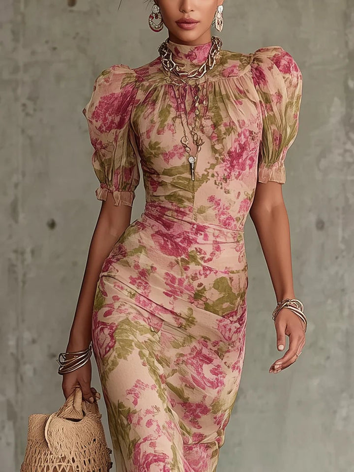 Front view of the Rosalina Vintage Rose Maxi Dress showing the romantic floral print and elegant puff sleeve detail