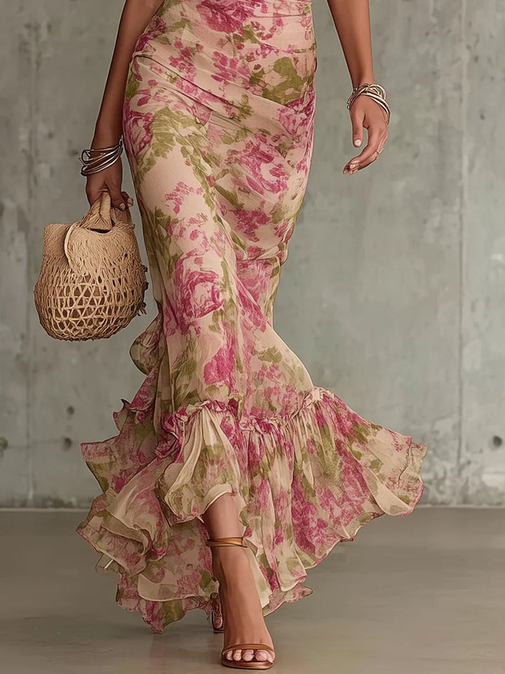Close-up detail of the Rosalina Vintage Rose Maxi Dress highlighting the vintage rose print fabric and feminine ruffle accents
