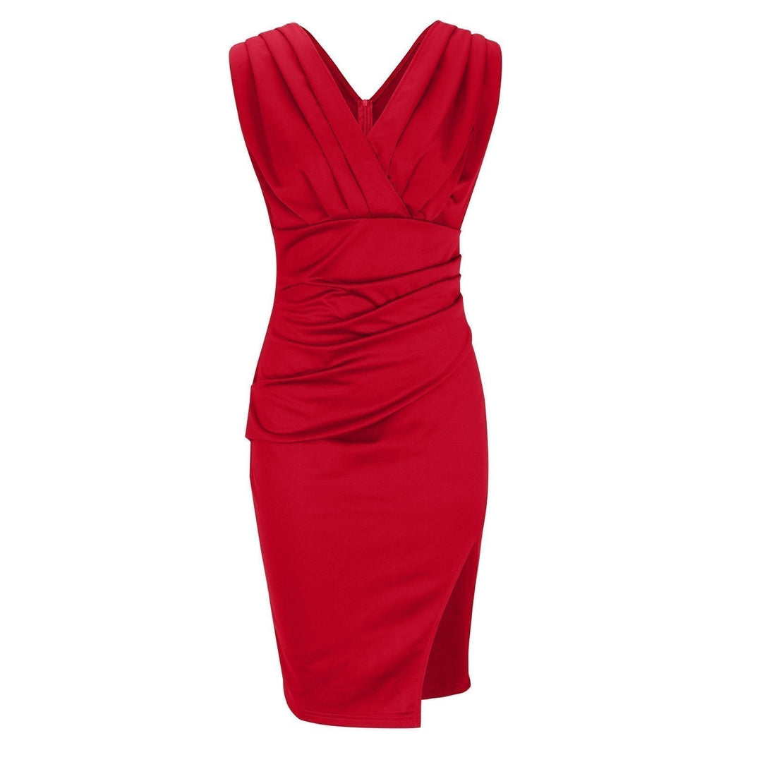 Woman wearing the Rosalina green sleeveless V-neck bodycon dress, front view