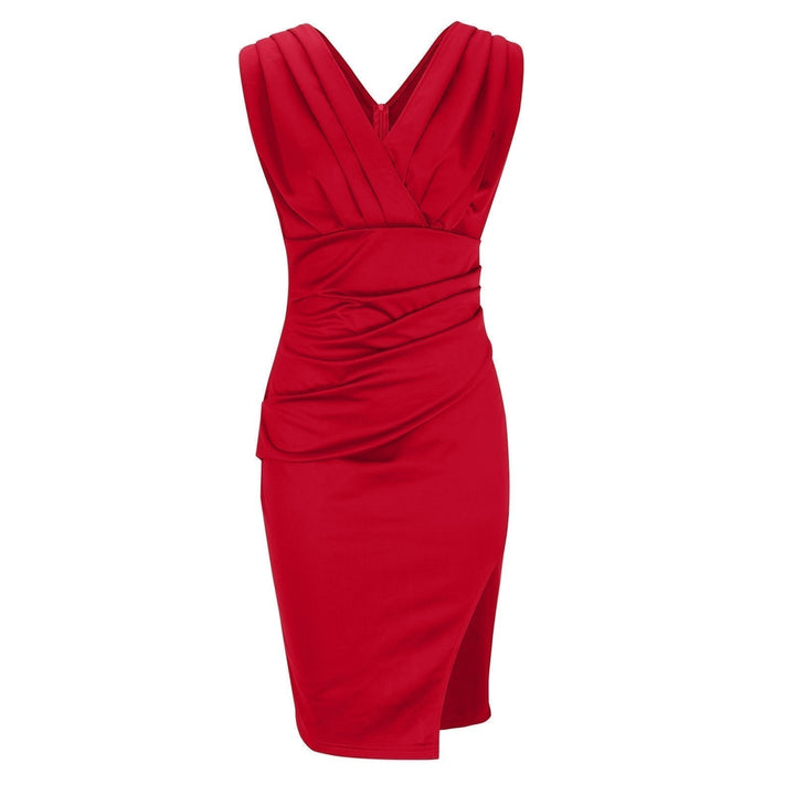 Woman wearing the Rosalina green sleeveless V-neck bodycon dress, front view