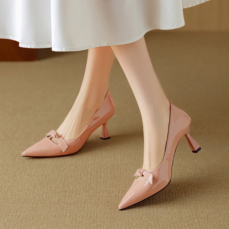 Rosalind blush pink kitten heel pumps, top-down view showing bow detail