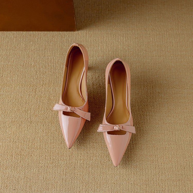 Rosalind white bow detail kitten heel pumps with pointed toe, front view