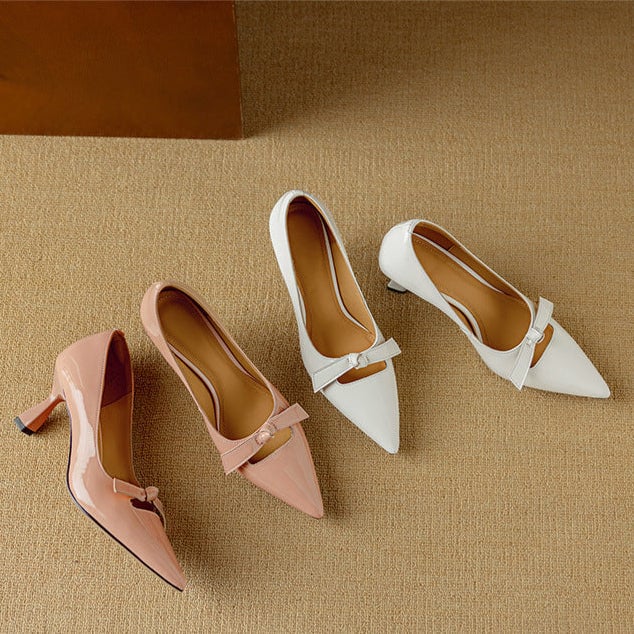 Rosalind white and blush pink bow detail pumps side by side, color comparison
