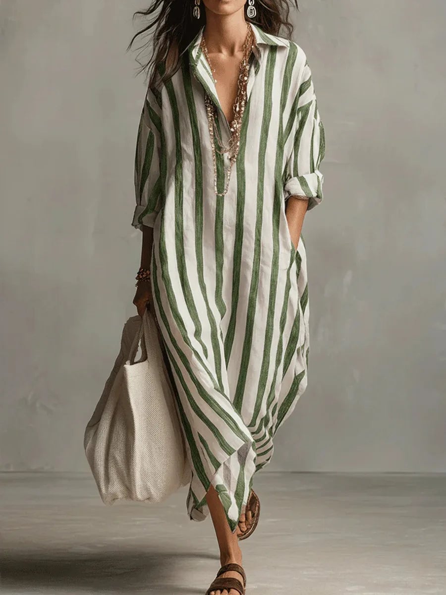 Woman styling a striped maxi shirt dress with sandals for a casual warm-weather look