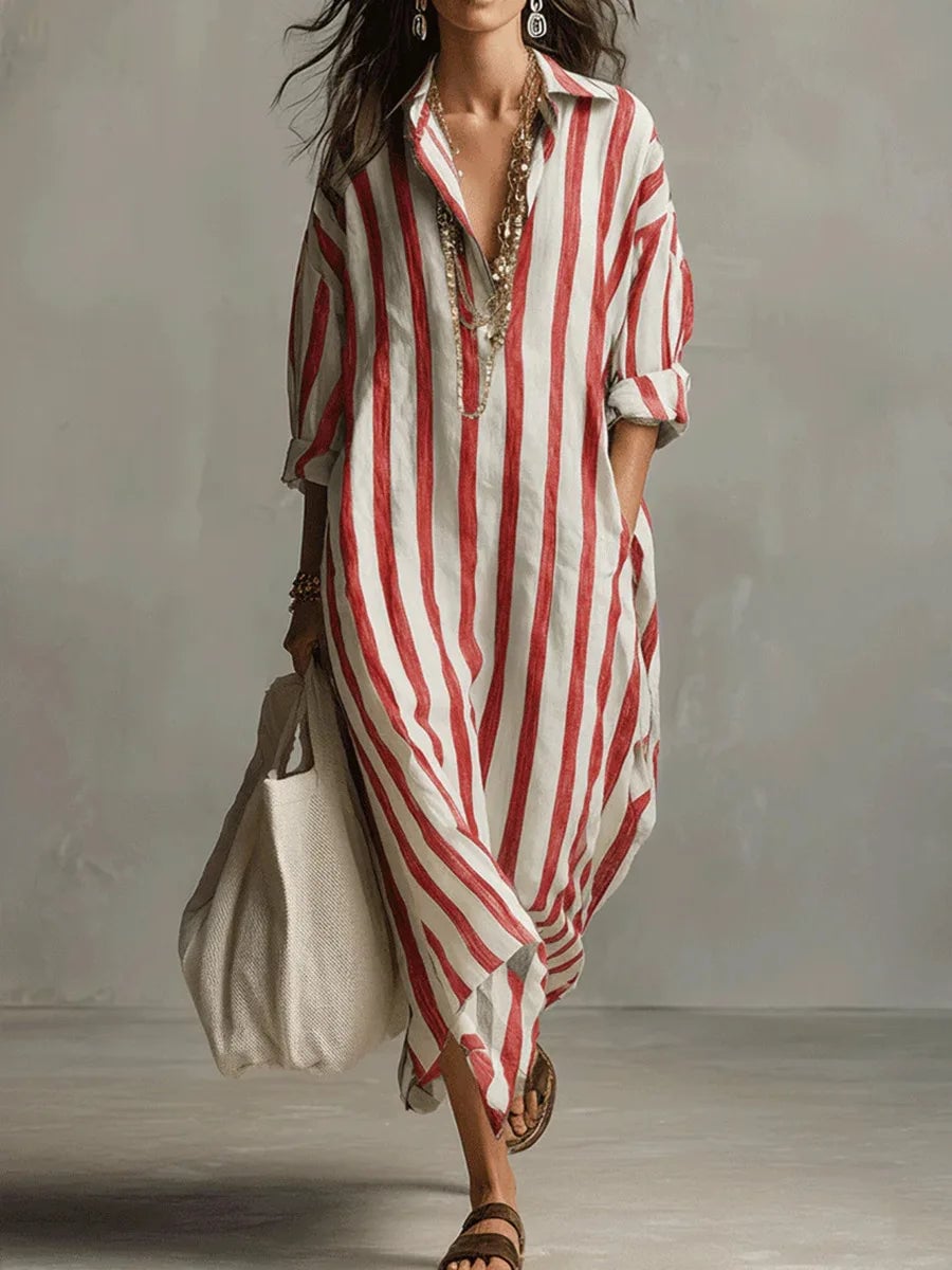 Back view of a striped long sleeve maxi shirt dress showing the relaxed silhouette