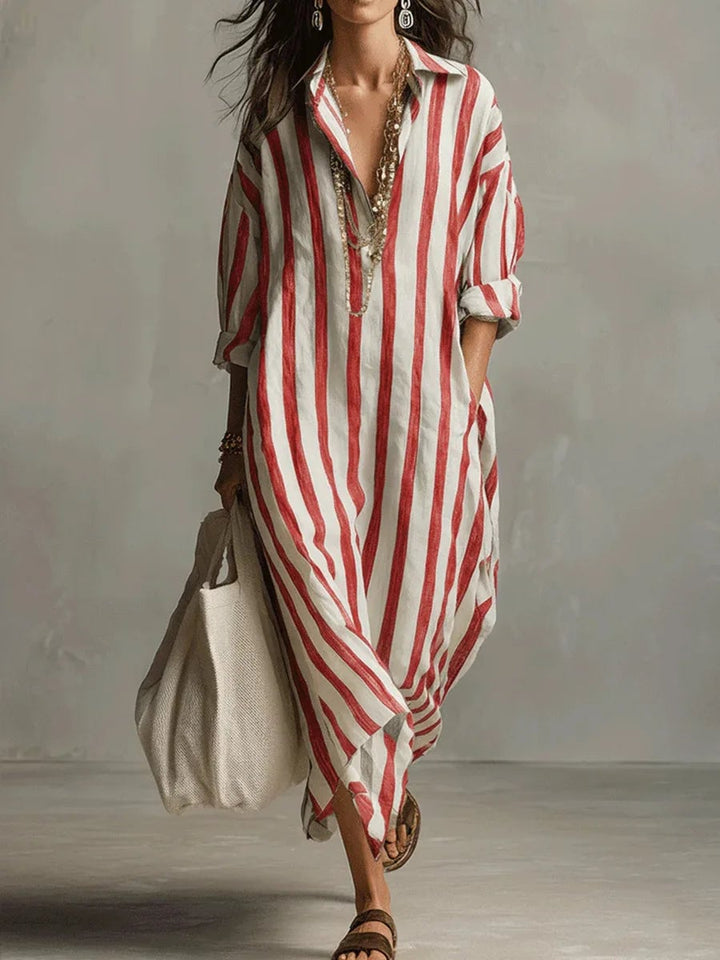 Back view of a striped long sleeve maxi shirt dress showing the relaxed silhouette