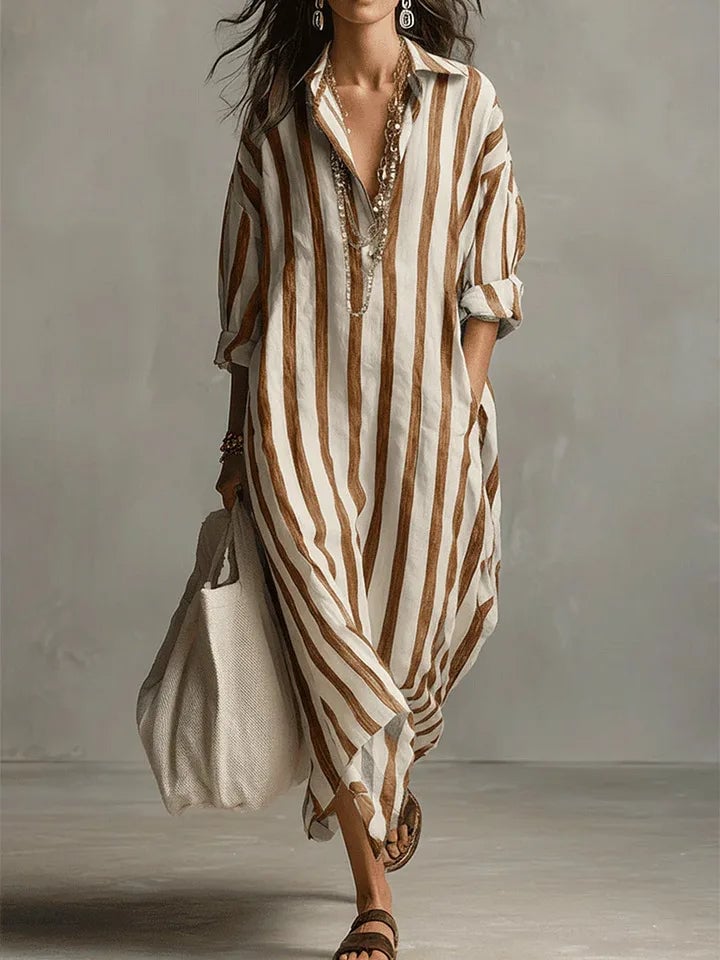 Full-length shot of a striped maxi shirt dress available in multiple colors including blue green red and yellow