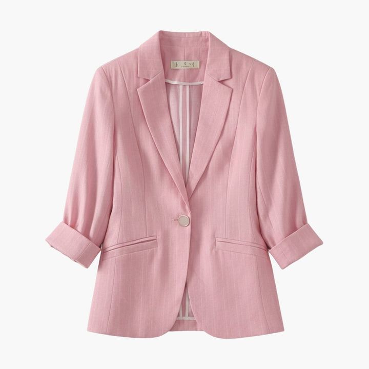 Woman wearing the Rosamund pink 3/4 sleeve blazer with notched lapels and single button closure
