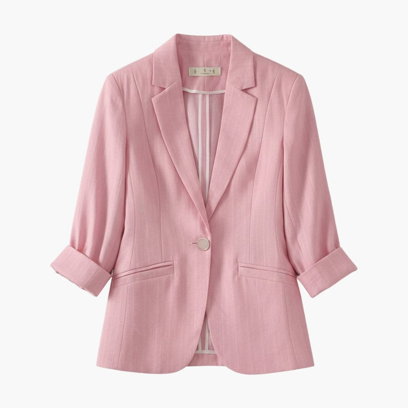 Woman wearing the Rosamund pink 3/4 sleeve blazer with notched lapels and single button closure