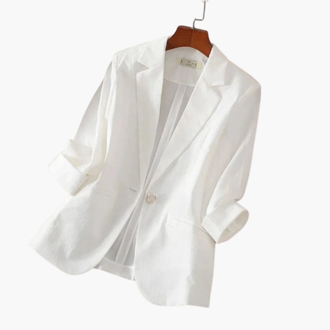 Front view of the Rosamund blazer in white showing tailored silhouette and notched lapels