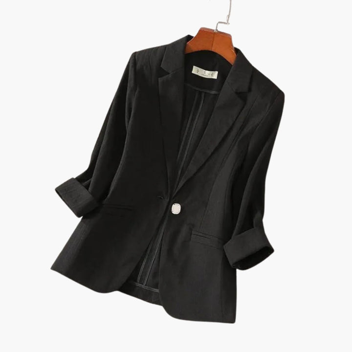Close-up of the Rosamund black blazer single button closure and notched lapel detail